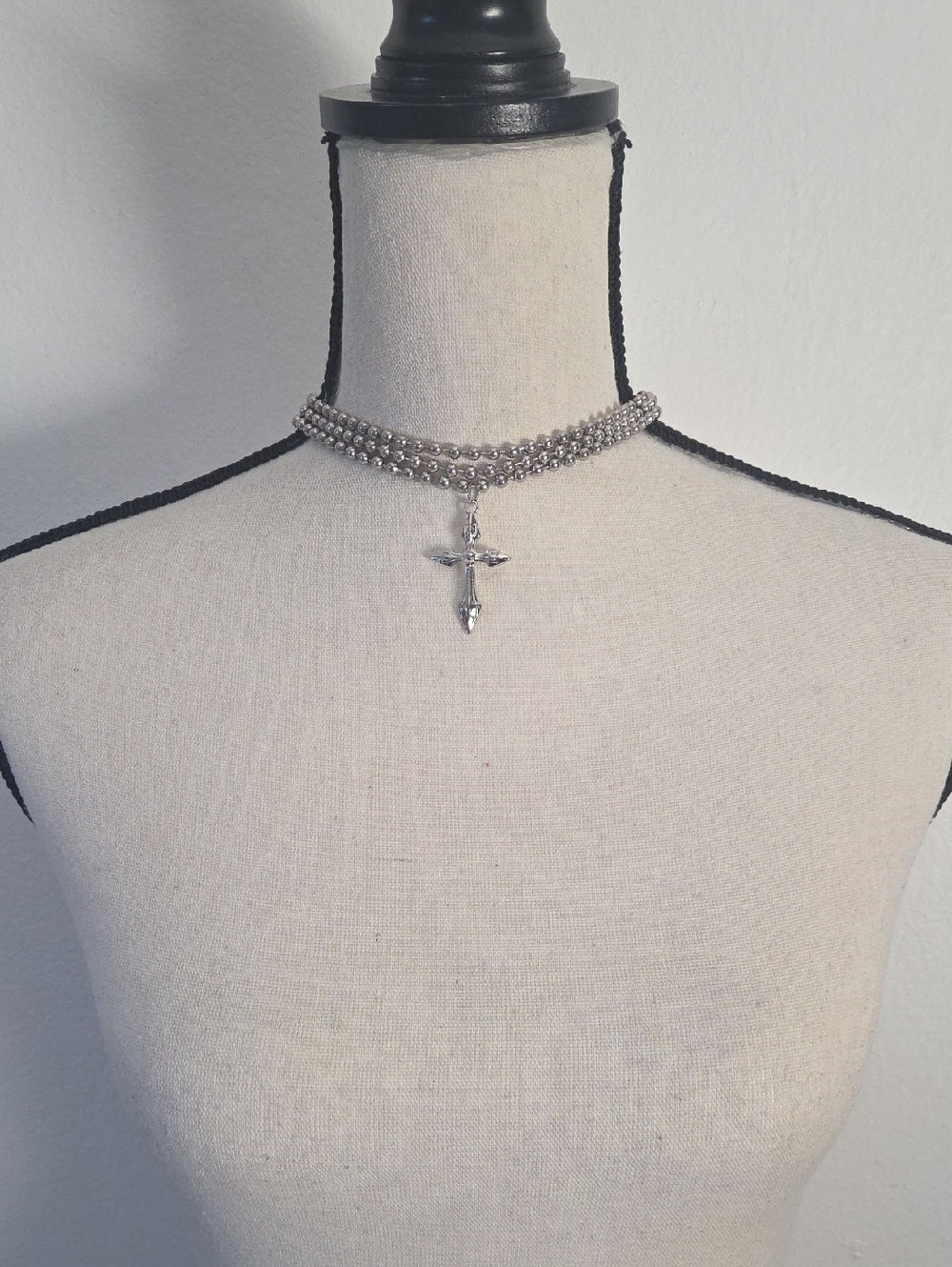 Silver Beaded Cross Choker Necklace